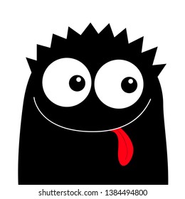 Monster head black silhouette. Happy Halloween. Two eyes, hair, showing tongue. Cute cartoon kawaii funny character. Baby kids collection. Flat design. White background. Vector illustration