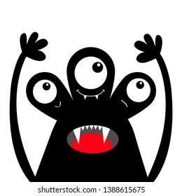 Monster head black silhouette. Happy Halloween. Three eyes, teeth fang, tongue, hands up . Cute cartoon kawaii funny character. Baby kids collection. Flat design. White background. Vector illustration