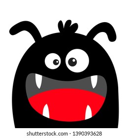 Monster head black silhouette. Happy Halloween. Two eyes, ears, teeth fang, tongue. Cute cartoon kawaii funny character. 
