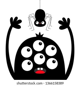 Monster head black silhouette. Six eyes, teeth, tongue, hands up. Hanging spider. Cute kawaii cartoon funny character. Baby kids collection. Happy Halloween.  