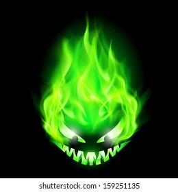 Monster head blazing in green on black background.