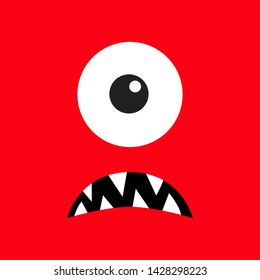 Monster head. Boo Spooky Sad face emotion. Three eyes, teeth fang, mouse. Square head. Happy Halloween card. Flat design style. Red background. Vector illustration