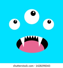 Monster head. Boo Spooky Screaming face emotion. Three eyes, tongue, teeth fang, mouse. Square head. Happy Halloween card. Flat design style. Blue background. Vector illustration