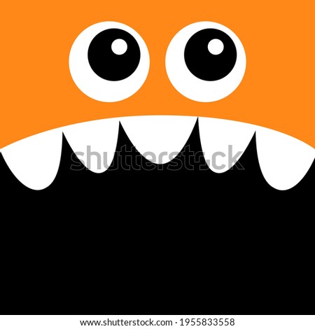 Monster head. Boo Spooky Screaming face emotion. Two eyes, teeth fang, mouse. Square head. Cute cartoon character. Happy Halloween card. Flat design. Orange color. Black background template. Vector