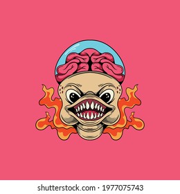 Monster head with brain illustration and flame fantasy danger and angry character isolated vector