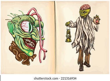 Monster head and Corpse - An hand drawn and painting halloween illustrations. Description: Each drawing comprise of two (or three) layers of lines plus colored layer, the background is also isolated.