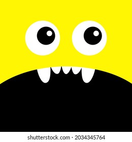 Monster head. Cute cartoon Boo Spooky Screaming face emotion. Eyes, teeth fang, mouse. Square head. Happy Halloween card. Flat design style. Yellow background. Vector illustration