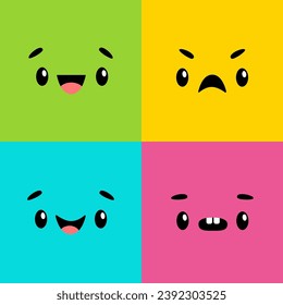 Cabeza de monstruo. Cute kawaii colorido conjunto de iconos de la cara. Emoticonos. Ojos, boca, lengua, cejas. Caricatura graciosa de un bebé personaje. Triste, feliz sonriente plantilla de emojis de emoción. Diseño plano. Fondo del bebé. Vector