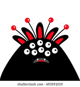 Monster head with ears, fang tooth and horns. Black Red color. Funny Cute cartoon character. Baby collection. Isolated. Happy Halloween card. Flat design. White background. Vector illustration