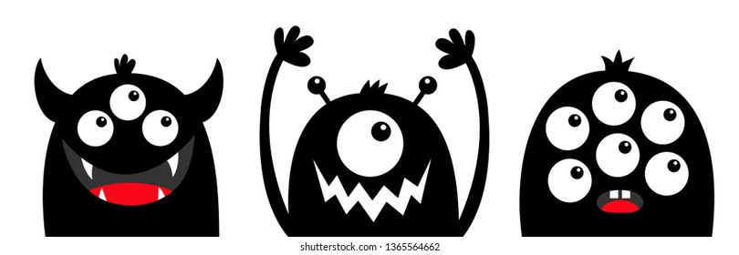 Monster head face black silhouette set line. Eyes, teeth fang, horns, hands up. Cute cartoon kawaii funny character. Happy Halloween. Baby kids collection. Flat design White background Isolated Vector