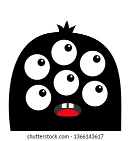 Monster head face black silhouette. Six eyes, teeth, tongue. Cute kawaii cartoon funny character.  