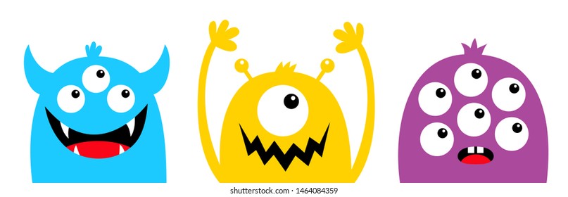 Monster head face colorful set line. Eyes, teeth fang, horns, hands up. Cute cartoon kawaii funny baby kids character. Happy Halloween. Flat design White background. Isolated. Vector
