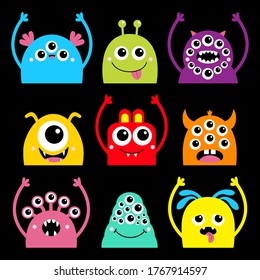 Monster head face icon set. Happy Halloween. Cute cartoon kawaii colorful scary character. Eyes, horns, tongue, fang teeth, hands up. Funny baby collection. Black background Flat design. Vector