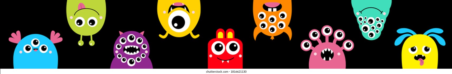 Monster head face icon set line. Happy Halloween. Colorful silhouette. Eyes, tongue, tooth fang, hands up. Cute cartoon kawaii scary funny baby character. Black background. Flat design. Vector