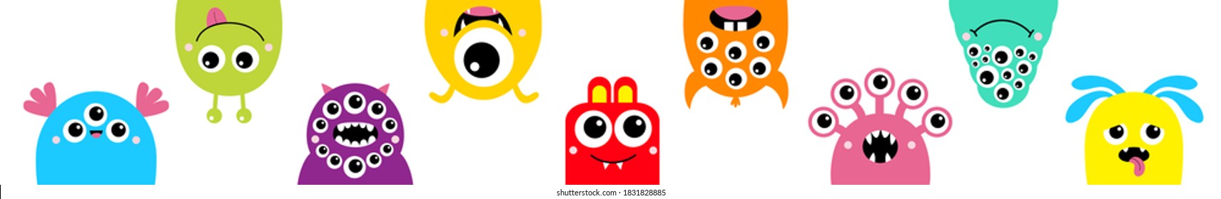 Monster head face icon set line. Happy Halloween. Colorful silhouette. Eyes, tongue, tooth fang, hands up. Cute cartoon kawaii scary funny baby character. White background. Flat design. Vector