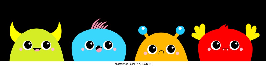 Monster head face line. Happy Halloween. Baby icon set. Cute cartoon kawaii scary funny colorful character. Eyes, tooth fang, tongue, hands up. Black background. Isolated. Flat design. Vector