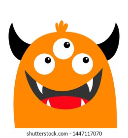 Monster head face orange silhouette. Three eyes, teeth fang smile, horns. Cute kawaii cartoon funny character. Happy Halloween. Baby kids collection. Flat design. White background. Isolated. Vector