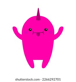 Monster head face silhouette. Happy Halloween. Pink animal, hands up. Cute Funny Kawaii cartoon baby character. Eyes, horn, tongue. Smiling face. Boo. Sticker print Flat design White background Vector