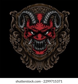 monster head with fangs and horns