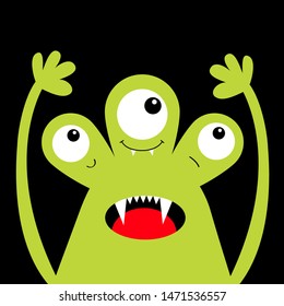 Monster head green silhouette. Happy Halloween. Three eyes, teeth fang, tongue, hands up . Cute cartoon kawaii funny character. Baby kids collection. Flat design. Black background. Vector illustration