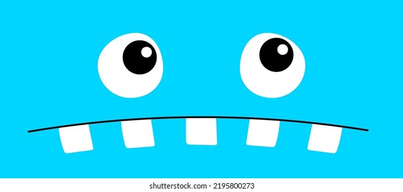 Monster head. Happy Halloween card. Cute cartoon Boo Spooky Screaming face emotion. Two eyes, teeth fang, mouse. Rectangle head. Flat design style. Funny banner. Blue background. Vector illustration