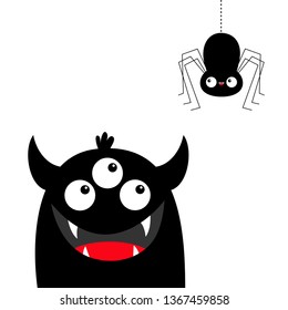 Monster head looking at hanging black spider. Three eyes, teeth fang, horns, hands up. Cute kawaii cartoon funny baby character. Happy Halloween.Flat design. White background. Vector illustration