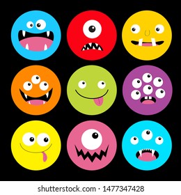 Monster head round icon set. Boo Spooky Screaming smiling sad face emotion. Three eyes, tongue, teeth fang, mouse. Happy Halloween card. Flat design style. Black background. Vector illustration