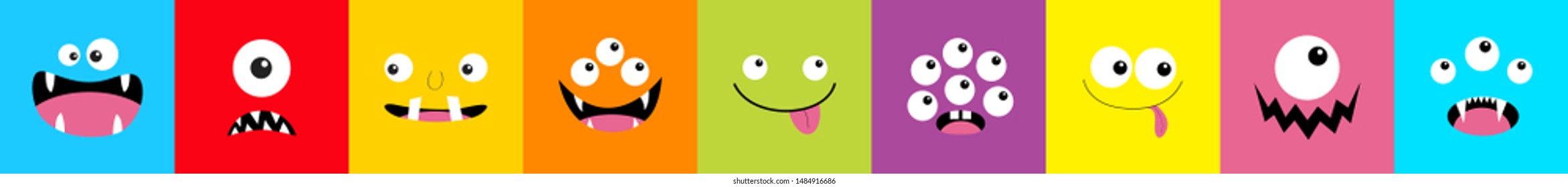 Monster head set line. Square head. Boo Spooky Screaming smiling sad face emotion. Three eyes, tongue, teeth fang, mouse. Happy Halloween. Flat design style. Baby kids background. Vector illustration