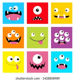 Monster head set. Square head. Boo Spooky Screaming smiling sad face emotion. Three eyes, tongue, teeth fang, mouse.Happy Halloween card. Flat design style. White background. Vector illustration