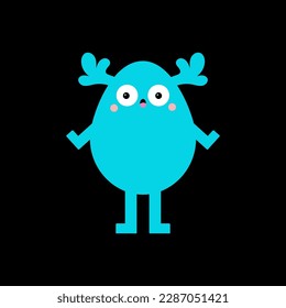 Monster head silhouette. Happy Halloween. Blue animal face. Cute Kawaii funny cartoon baby character. Deer horns, eyes. Boo. Sticker print. Flat design. Black background. Vector illustration