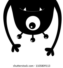 Monster head silhouette. One eye, teeth fang, hands. Hanging upside down. Black Funny Cute cartoon character. Baby collection. Happy Halloween card. Flat design. White background. Isolated. Vector