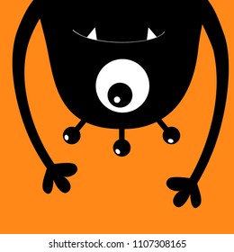 Monster head silhouette. One eye, teeth fang, hands. Hanging upside down. Black Funny Cute cartoon character. Baby collection. Happy Halloween card. Flat design. Orange background. Isolated. Vector