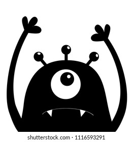 Monster head silhouette. One eye, teeth, fang, hands up. Black Funny Cute cartoon character Baby collection. Happy Halloween card. Flat design. White background. Isolated. Vector illustration