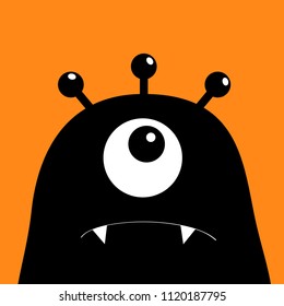 Monster head silhouette. One eye, teeth, fang. Black Funny Cute cartoon character. Baby collection. Happy Halloween card. Flat design. Orange background. Isolated. Vector illustration