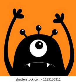 Monster head silhouette. One eye, teeth, fang, hands up. Black Funny Cute cartoon character Baby collection. Happy Halloween card. Flat design. Orange background. Isolated. Vector illustration