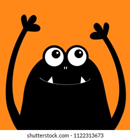 Monster head silhouette. Two eyes, teeth fang, hands. Hanging upside down. Black Funny Cute cartoon character. Happy Halloween card. Baby collection. Flat design. Orange background. Isolated. Vector