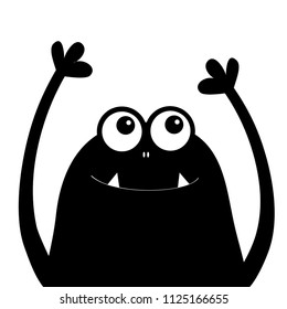 Monster head silhouette. Two eyes, teeth fang, hands. Hanging upside down. Black Funny Cute cartoon character. Happy Halloween card. Baby collection. Flat design. White background. Isolated. Vector