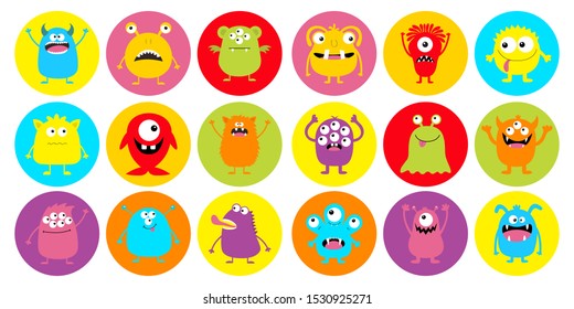 Monster head super big round icon set. Happy Halloween. Boo Spooky Screaming smiling sad face emotion. Three eyes, tongue, teeth fang, mouse. Flat design style. White background. Vector illustration