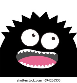 Monster head with two eyes, teeth, tongue. Black color. Funny Cute cartoon character. Baby collection. Happy Halloween card. Flat design. White background. Vector illustration