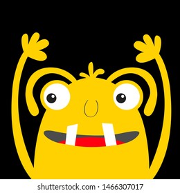 Monster head yellow silhouette. Two eyes, teeth, tongue, hands up, eyebrow. Happy Halloween. Cute cartoon kawaii funny character Baby kids collection. Flat design Black background. Vector illustration