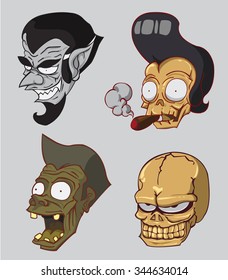 Monster Heads Set. Vampire head,Skull head,Zombie head,Bone head 