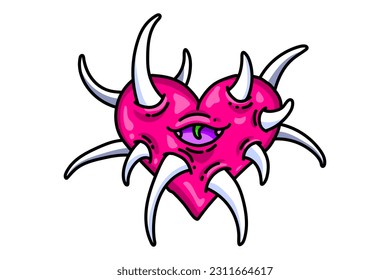 Monster heart with teeth. Spiky heart illustration. Horror heart for Halloween design. Vector isolated on white background.