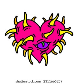 Monster heart with teeth. Spiky heart illustration. Horror heart for Halloween design. Vector isolated on white background.