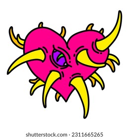 Monster heart with teeth. Spiky heart illustration. Horror heart for Halloween design. Vector isolated on white background.