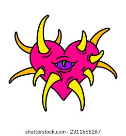 Monster heart with teeth. Spiky heart illustration. Horror heart for Halloween design. Vector isolated on white background.