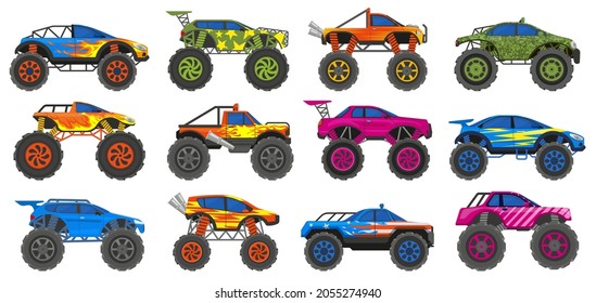 Monster heavy trucks, extreme race large wheels cars. Extreme show heavy cars, big wheels vehicles vector illustration set. Monster trucks transport. Extreme vehicle and mover car transport