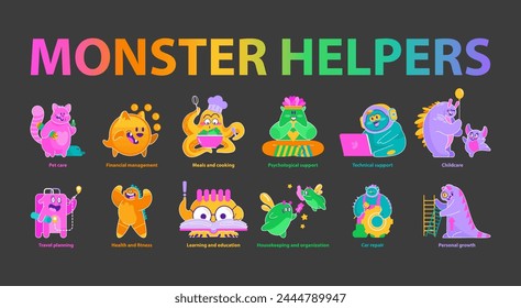 Monster Helpers concept. Friendly creatures specializing in essential services like finance and fitness. Fun assistance in everyday activities. Vector illustration.