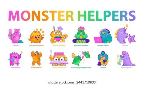 Monster Helpers set. Amicable creatures offer diverse services from pet care to personal growth. Engaging daily tasks assistance. Vector illustration.