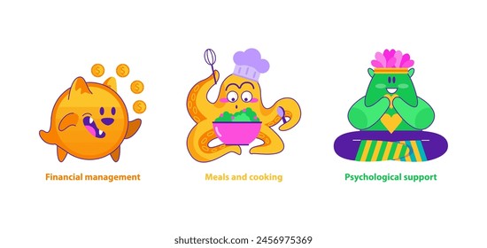 Monster Helpers set. Cheerful monsters demonstrating skills in finance, cooking, and mental well-being. Everyday life made easier. Vector illustration.