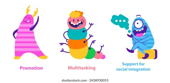 Monster Helpers set. Colorful creatures showcasing promotion, multitasking, and social support. Friendly and whimsical character design for various concepts. Vector illustration.